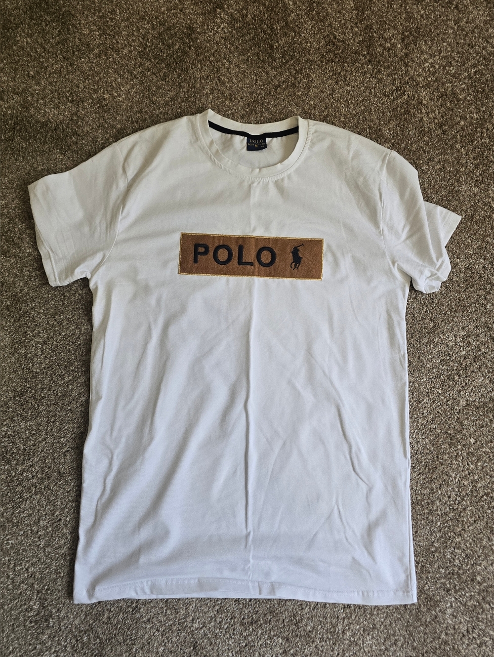 Ralph Lauren White Tee with Tan Polo Patch and Black Lettering